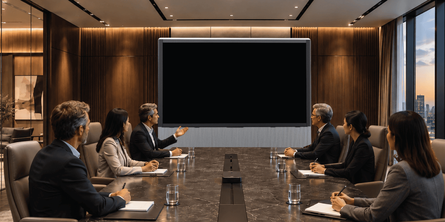 An executive boardroom with timber panelling and a stone table
